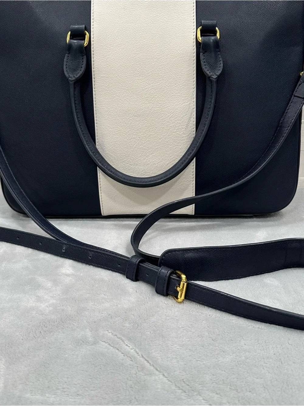 Jacq Leigh London Navy White Leather Satchel Crossbody Bag Gold Hardware Laptop